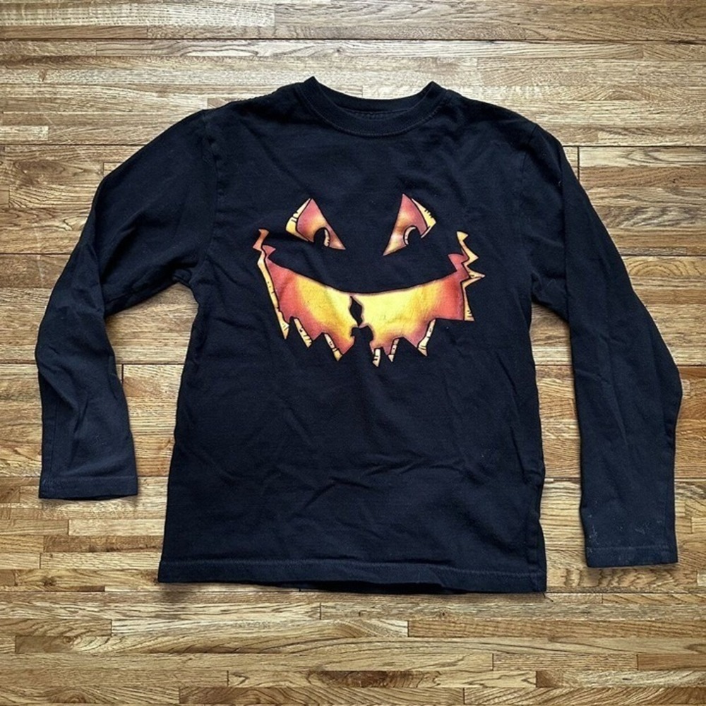 Black Orange Jack O' Lantern Pumpkin Face Halloween‎ Kids Long Sleeve Shirt Sz L